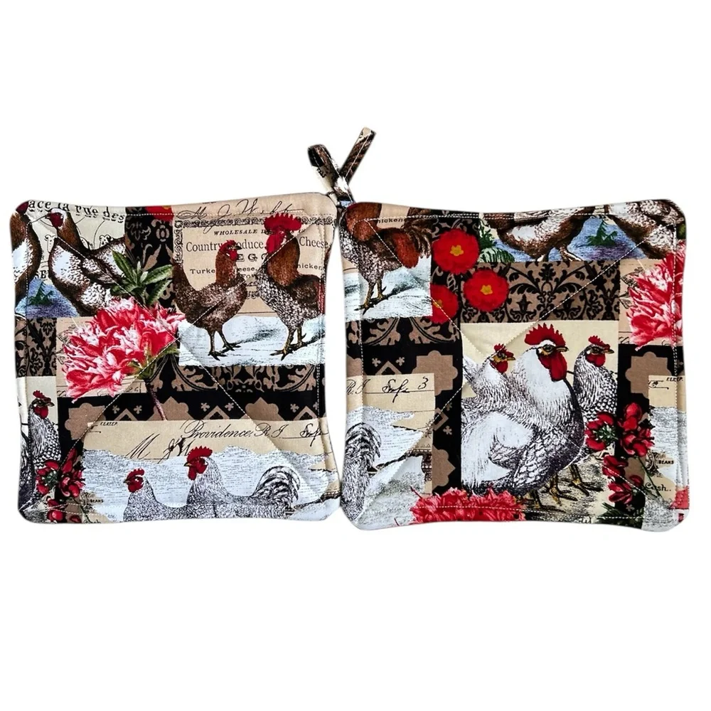 Hand Crafted Farmhouse Red Roosters Potholders Set Fabric Hot Mats Trivet